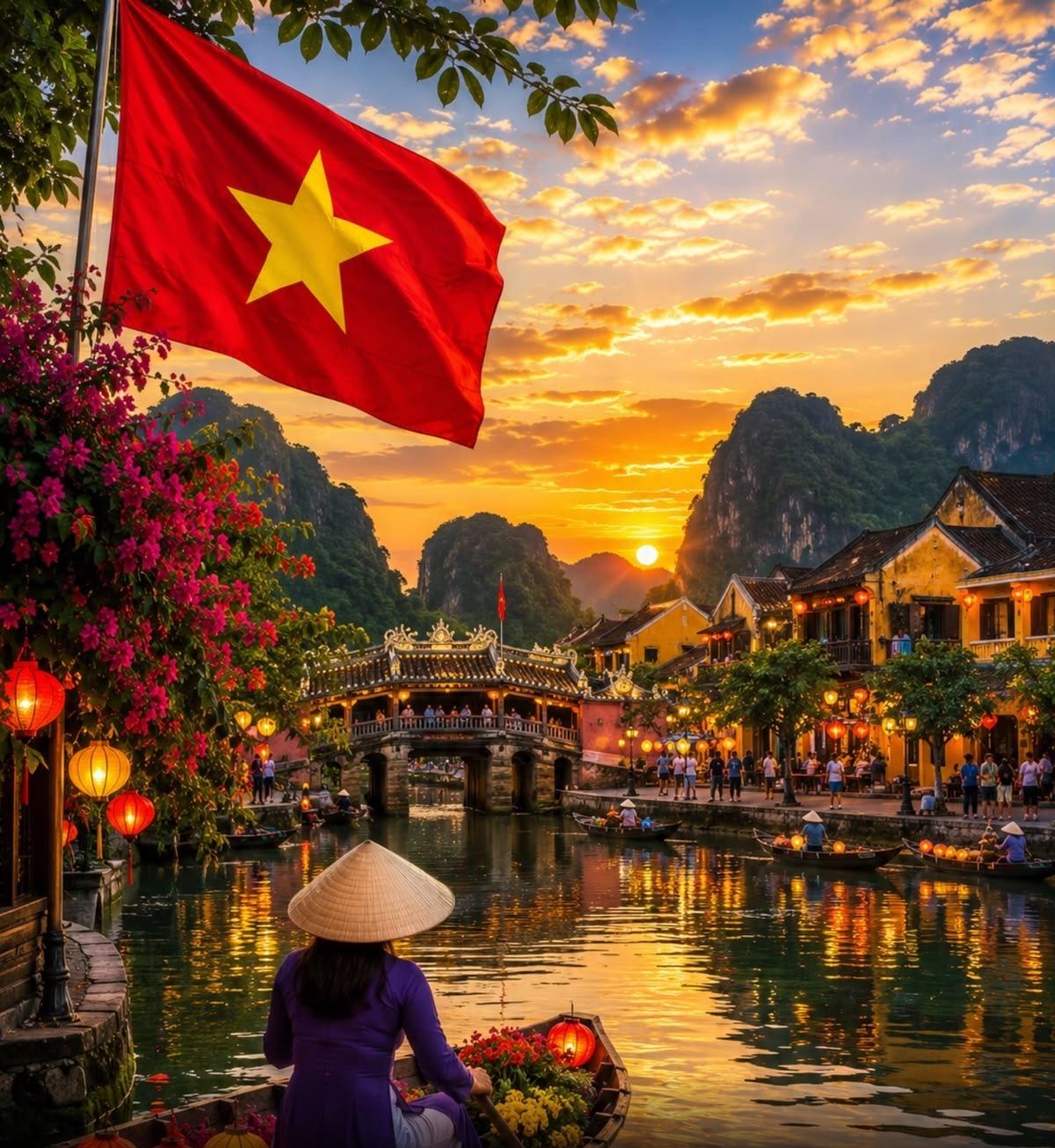 Lantern-lit riverside at sunset, Vietnam